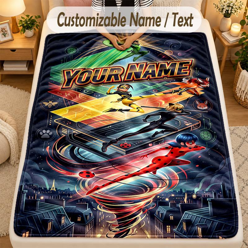 Pătură de flanelăMiraculous Ladybug Text cu Nume Personalizat Pătură moale caldă pentru aruncat Decor pentru casă Cadou
