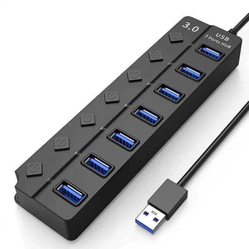 

7 Ports USB3.0 Adapter Portable USB Multiport USB 3.0 Ports Hub with Switches LED Converter 5Gbps Data Transfer for Laptop PC