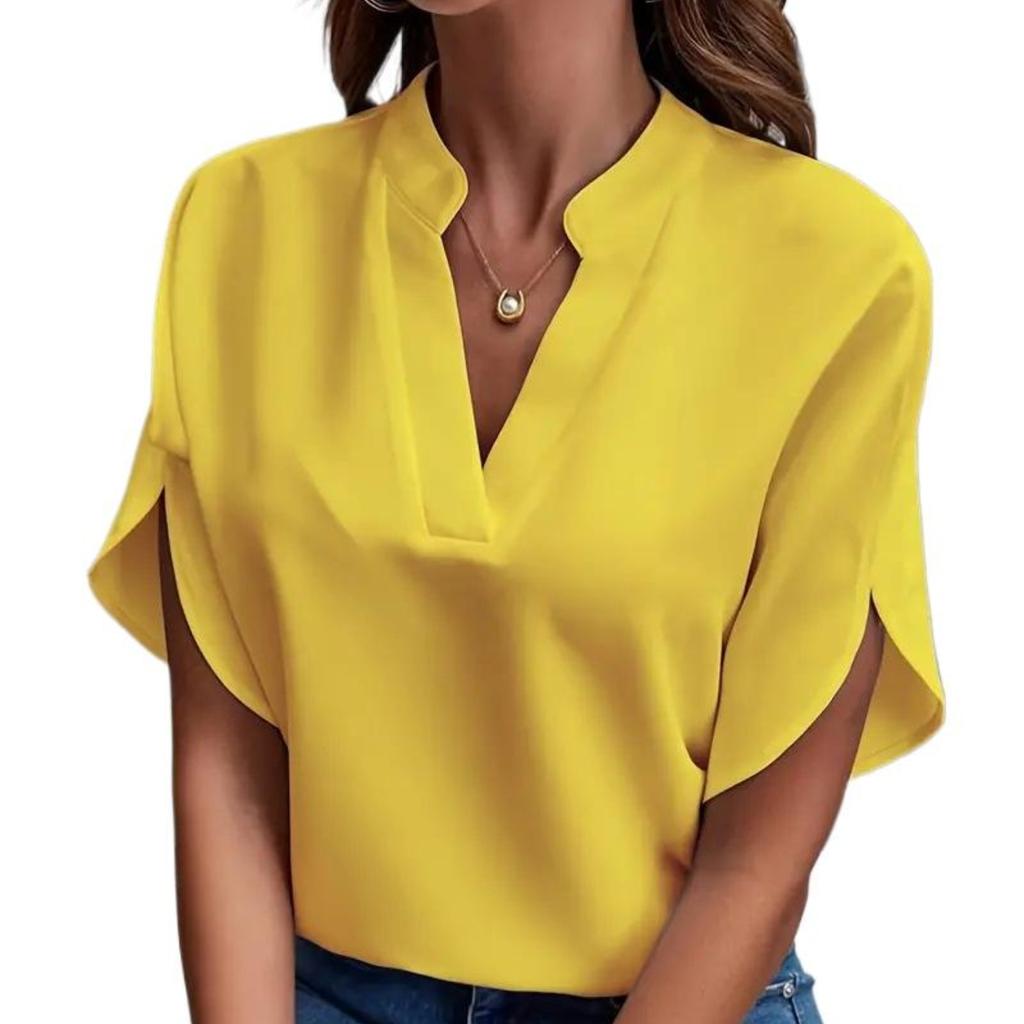 Women's Fashion Casual Summer Solid Color Print Short Sleeve V-Neck Blouses & Shirts EMA