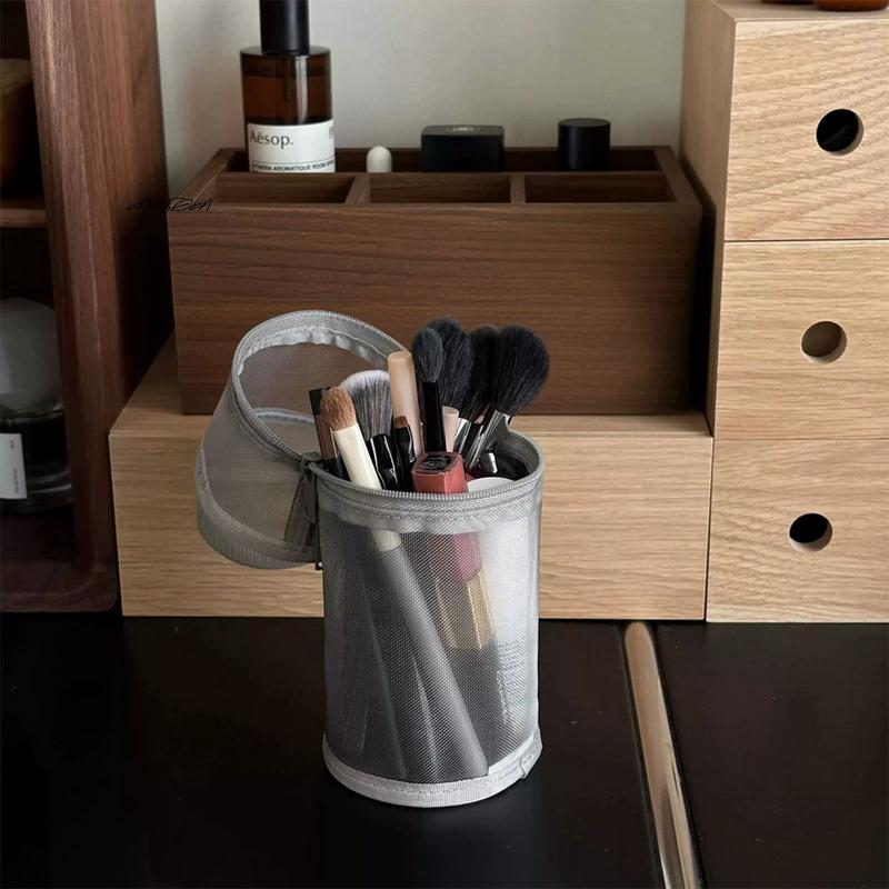 Portable Mesh Dual-use Makeup Brush Storage Bag Large Capacity Stand-up Pouch Travel Friendly Simple Brush Case Holder