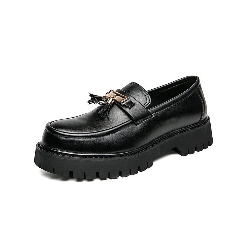 Men's Black Tassel Leather Slip-On Shoes - Autumn New Style Thick Sole, Big Toe, Fashionable Casual Low-Top
