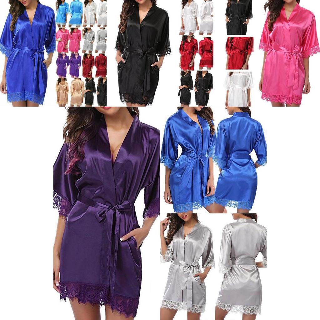 Womens Plain Silk Satin Robes Bridal Wedding Bridesmaid Bride Gown Bath Robe