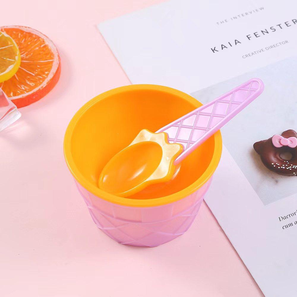 Candy Colored Ice Cream Shaped Plastic Bowl with Spoon Reusable Cartoon Egg Cone Children Fruit Dessert Bowl Kitchen Accessories