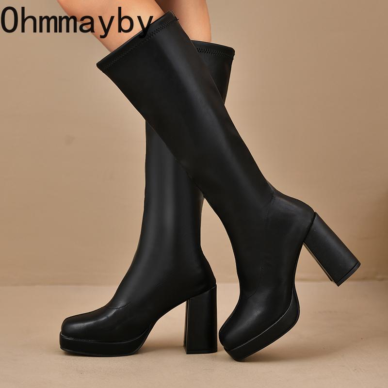 Platform Thick Heel Women Knee High Boots Fashion Slip On Shoes Autumn Winter Ladies Elegant Stretch Slim Long Booties