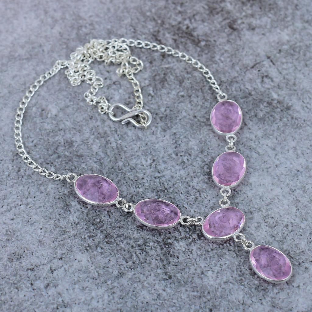 Pink Kunzite Gemstone Handmade 925 Sterling Silver Jewelry Necklace 18" M-394