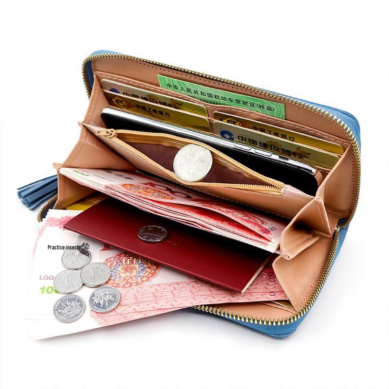 Korean-Style Women's Long Wallet with Hand Strap and Tassel Zipper Clutch