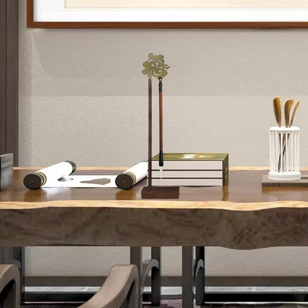 Brush Storage Rack Calligraphy Pen Holder with Chinese Fu Elegant Wooden Brush Hanger for Desktop Metal Writing Brush for Office