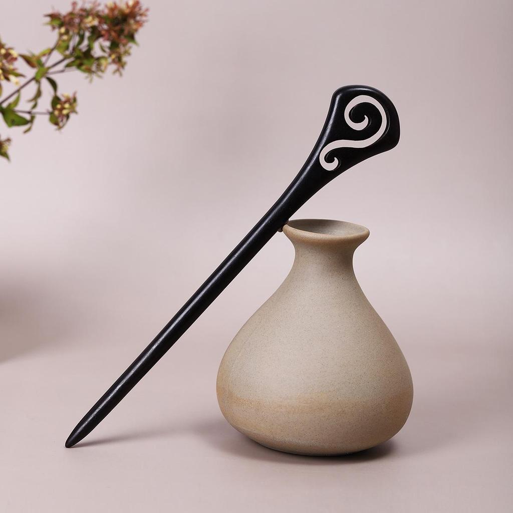 Vintage Ebony Wood Hairpin: Auspicious Clouds Design for Elegant Updos