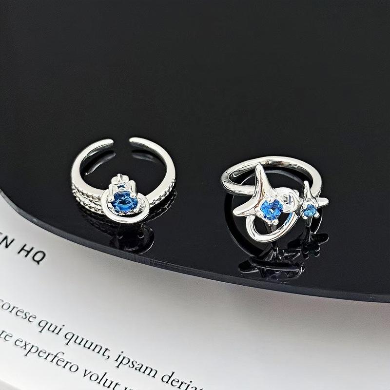 Sea Blue Star Exquisite Tetragonal Star Light Luxury Zir*****Pen Ring Personality Niche High-End Feeling Stacked Ring Woman