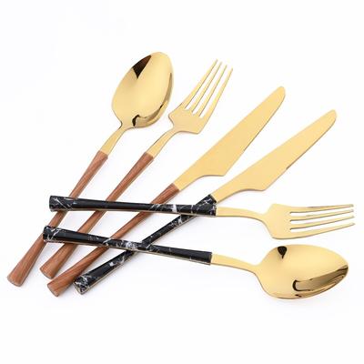 Conjunto de louças de ouro preto, talheres de aço inoxidável, imitação de madeira, talheres, facas, garfos, colheres de chá, talheres de cozinha