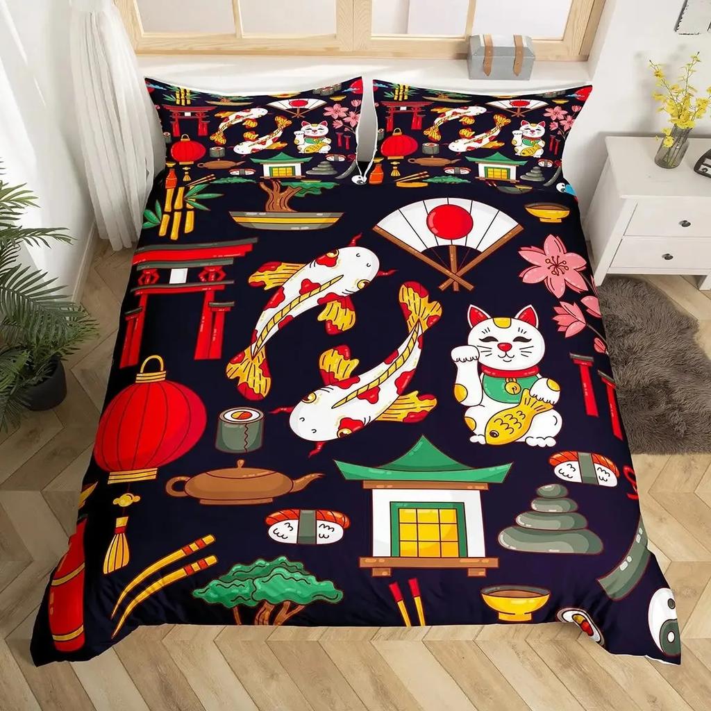 Lucky Cat Duvet Cover Set Japanese Style Hokusai Wave Pattern Bedding Sets Exotic Red Torii Gate Sun Decor Comforter Cover Set