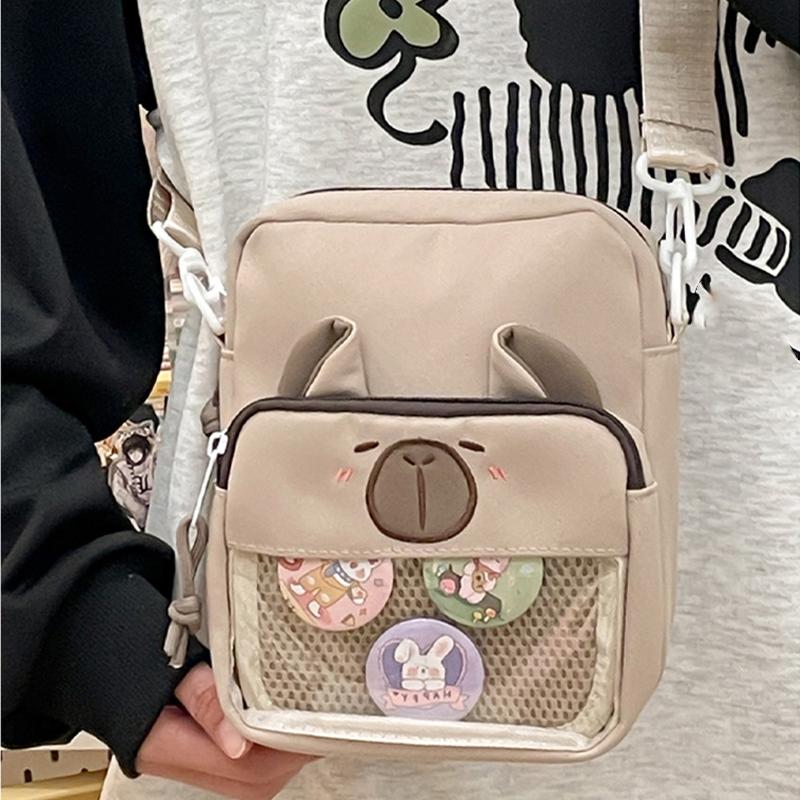Kawaii Capybara Anime Crossbody Bag Versatile Student Casual Messenger Bag Sweet Translucent Cute Lightweight Canvas Multipurpose Shoulder Bag