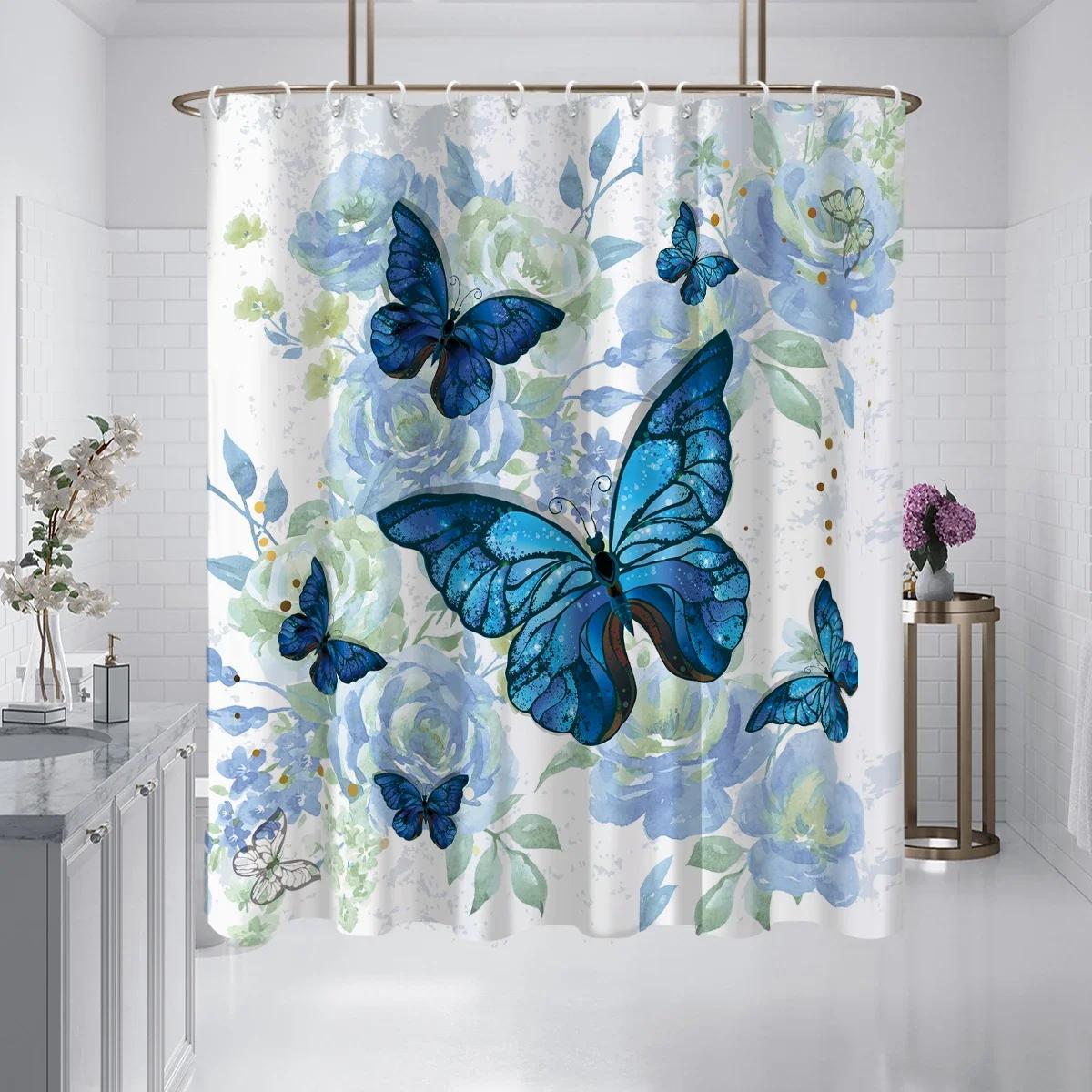 

1 Piece Of 180X180Cm Blue Butterfly Flower Printed Shower Curtain Partition, Bathroom Waterproof And Mold Resistant W60H190(CM)-1 Pcs