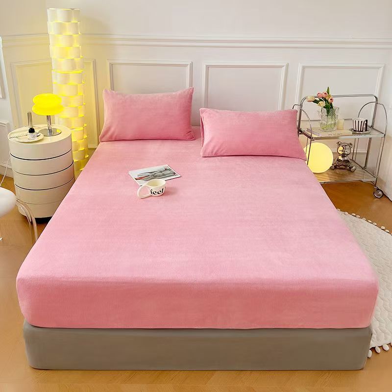 

Hot Fine Flannel Fitted Sheet Winter Warm Coral Fleece Mattress Protector Cover Soft Breathable Bed Cover Pillowcase S-King 200x220x30cm рожевий