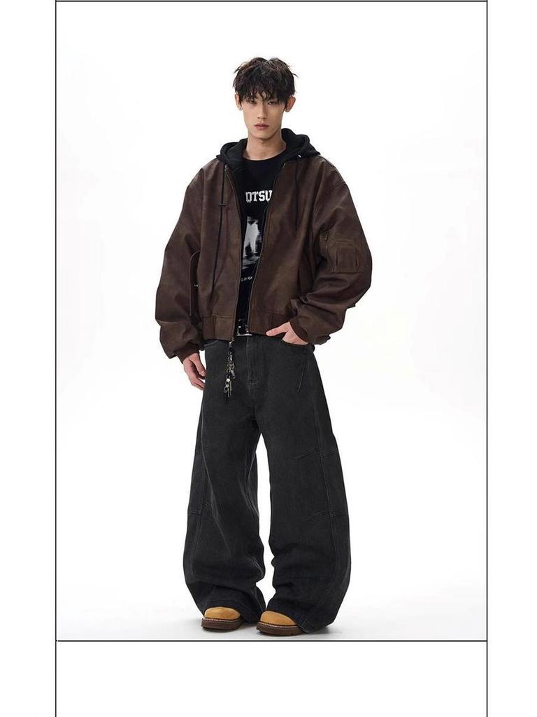 Herren Retro Zweiteilige Leder Fliegerjacke - Cleanfit Scheunenstil Locker Arbeitskleidung
