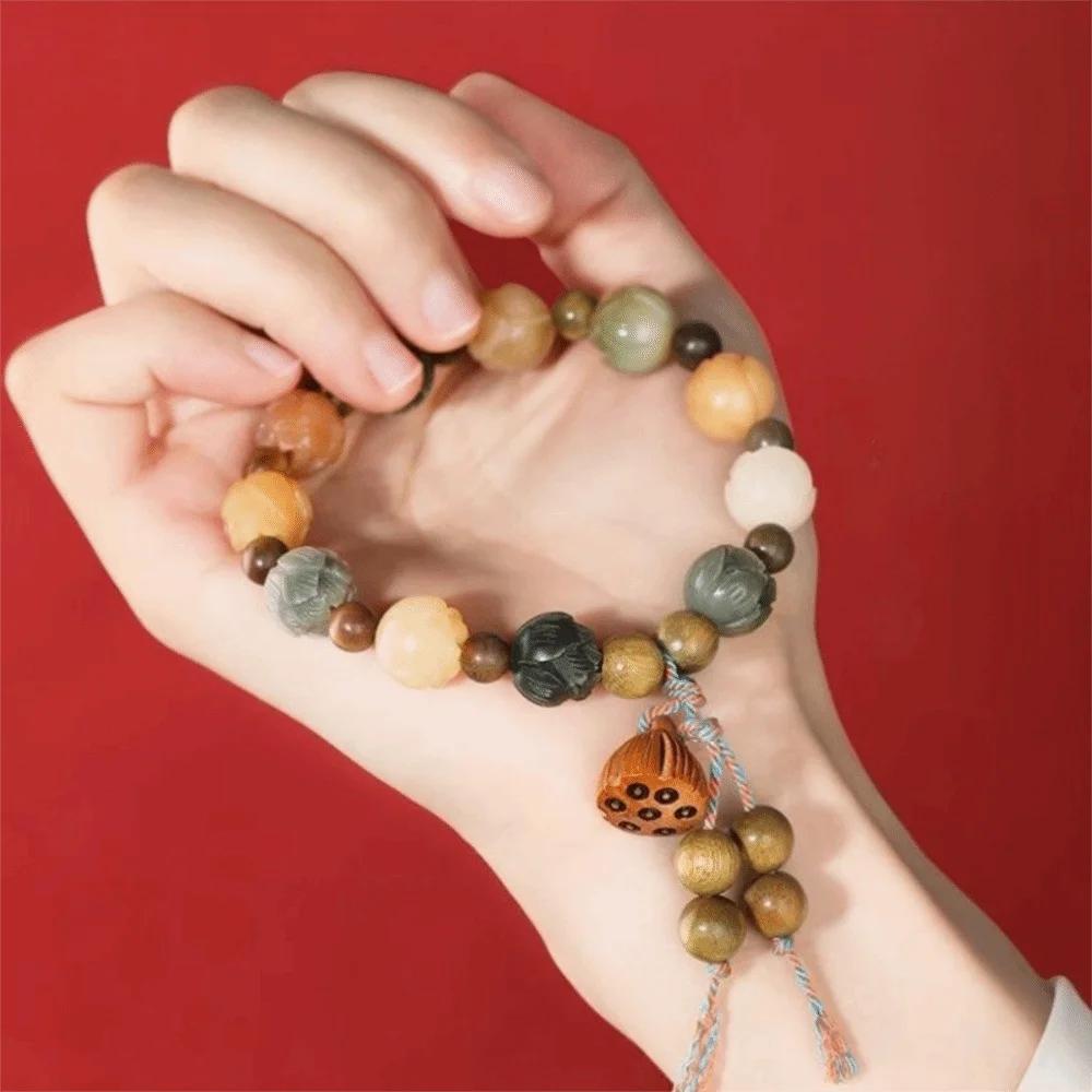 Charm Jewelry Tibetan Buddha Bracelet Natural Resin Lotus Charm Bodhi Lotus Bracelet Tassel Lucky Wooden Beads Bracelet