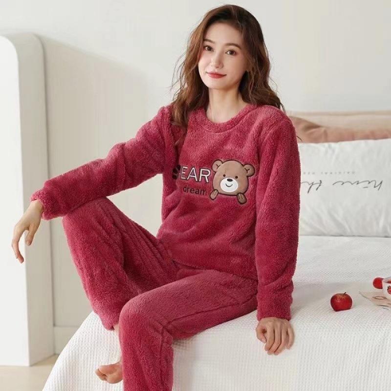 Thickened Warm Large Size Padded Fall and Winter Women's Pajamas Top and Pants Set Coral Velvet Ladies Cartoon Bear 2PCS/Set
