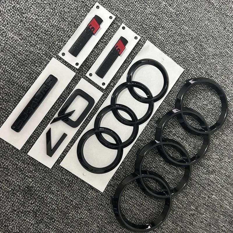 New1Pc 4Ring Logo ABS Black Car Hood Front Grill Emblem Rear Trunk Badge Sticker 1P Q7 1P Quarrto 2P Sline For AUDI Q7 2016-2023