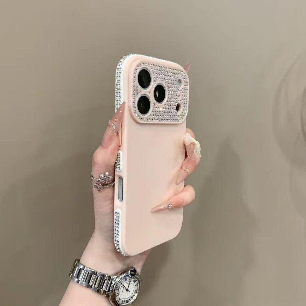 Compatible Apple 17 Pro Solid Color Rhinestone Lens Case for iPhone 16, Anti-fall Protective, Special Side Rhinestones.