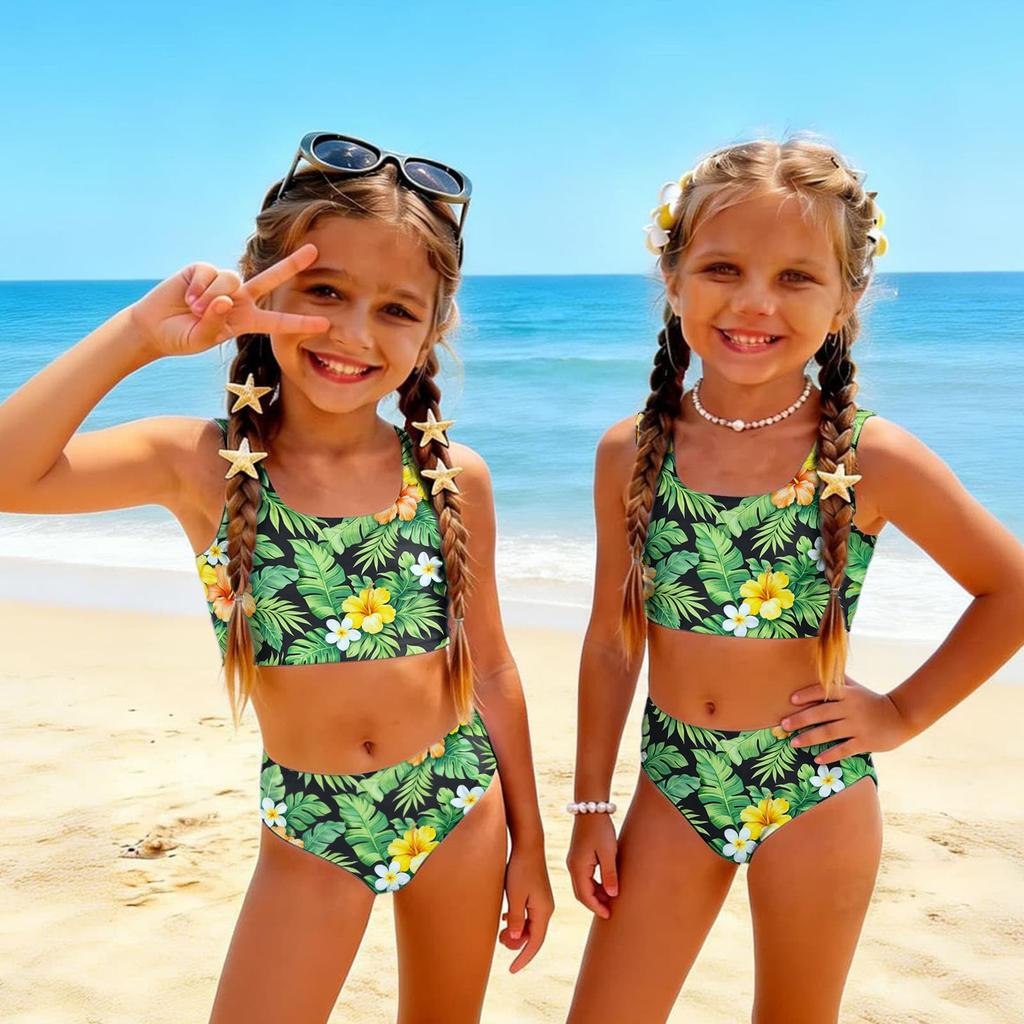 Girls Two Piece Swimsuit Set Hawaiian Print Tankini Top and High Waist Bottom Summer Beach Swimwear for Kids
