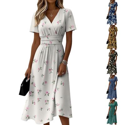 Women V Neck Short Sleeve Midi Dress with Floral Print Casual Loose Fit Summer Holiday Dress for Daily Wear