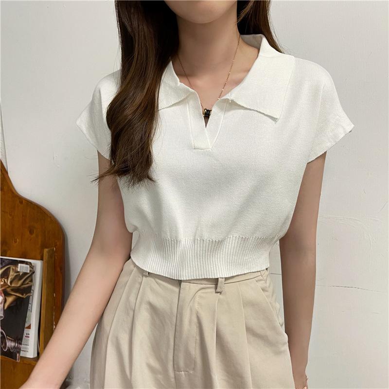Eenvoudig aansluitend kortarmig POLO shirt korte gebreide trui revers T-shirt top dames nieuw zomer Koreaanse versie trend