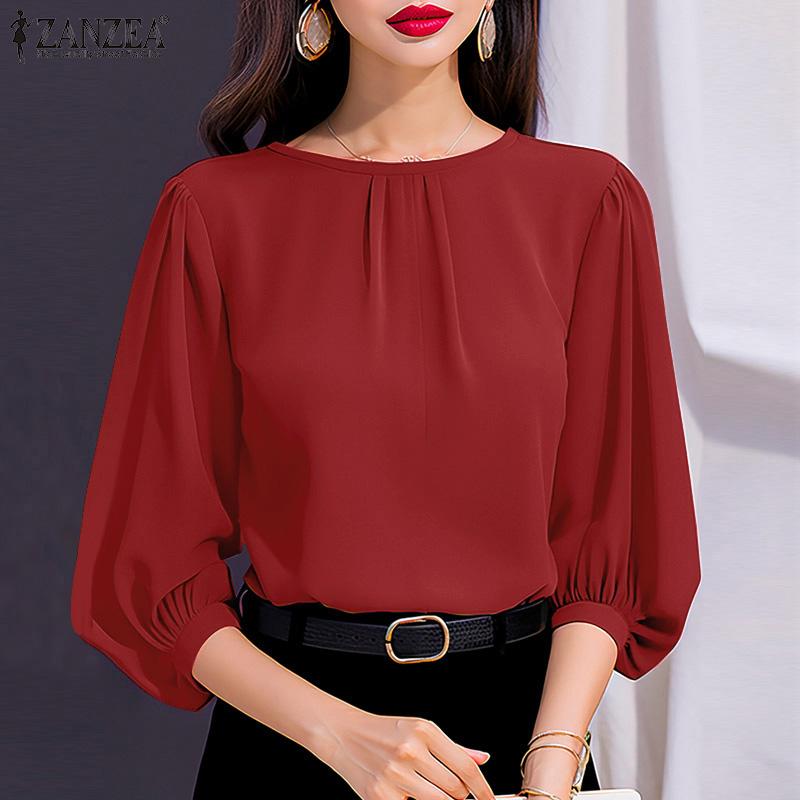ZANZEA Women Casual O-neck Solid Color Loose 3/4 Sleeve Blouse