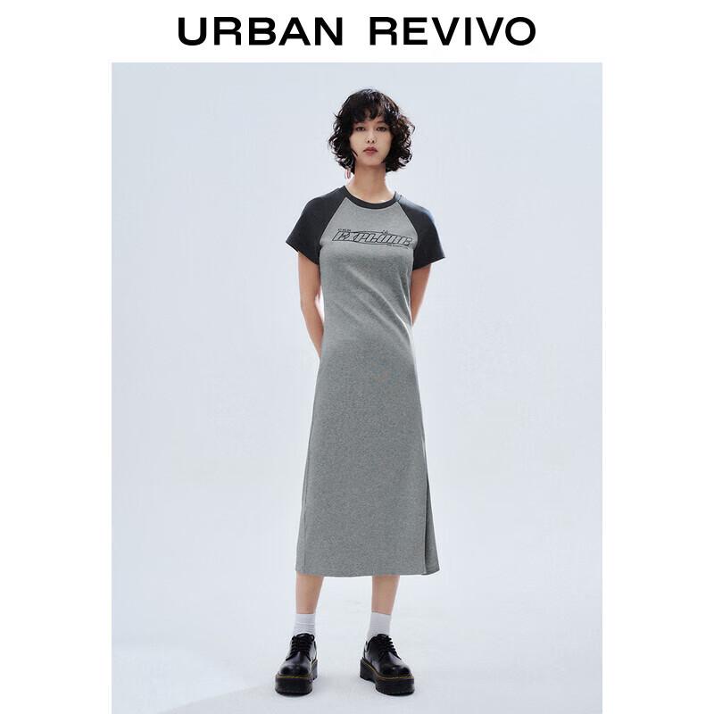 

UR Women s 2025 Spring Color Block Letter Embroidered Slit Short Sleeve Dress XS