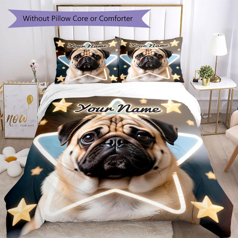 3pcs Custom Name "Starry Night Pug Portrait" Bedding Set Printed Bedding Set Duvet Cover Closure Includes 1 Duvet Cover & 2 Pillowcases Bedroom Decor