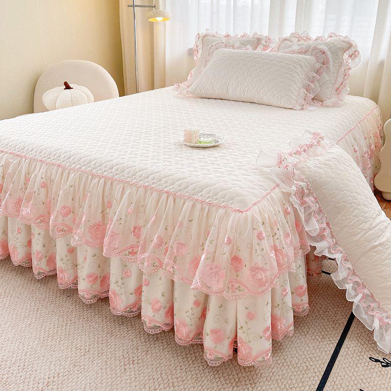Korean Style Lace Bed Skirt & Sheet Set - 3-Piece Quilted Dustproof Full Wrap Bed Cover
