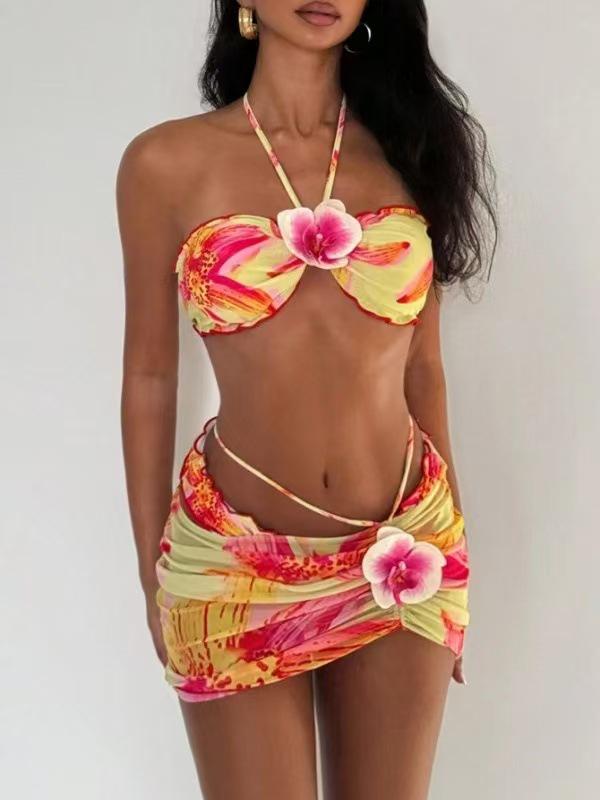 European & American Style Tie-Dye Backless Bodycon Bikini Three-Piece Set (2026 Resort Collection)