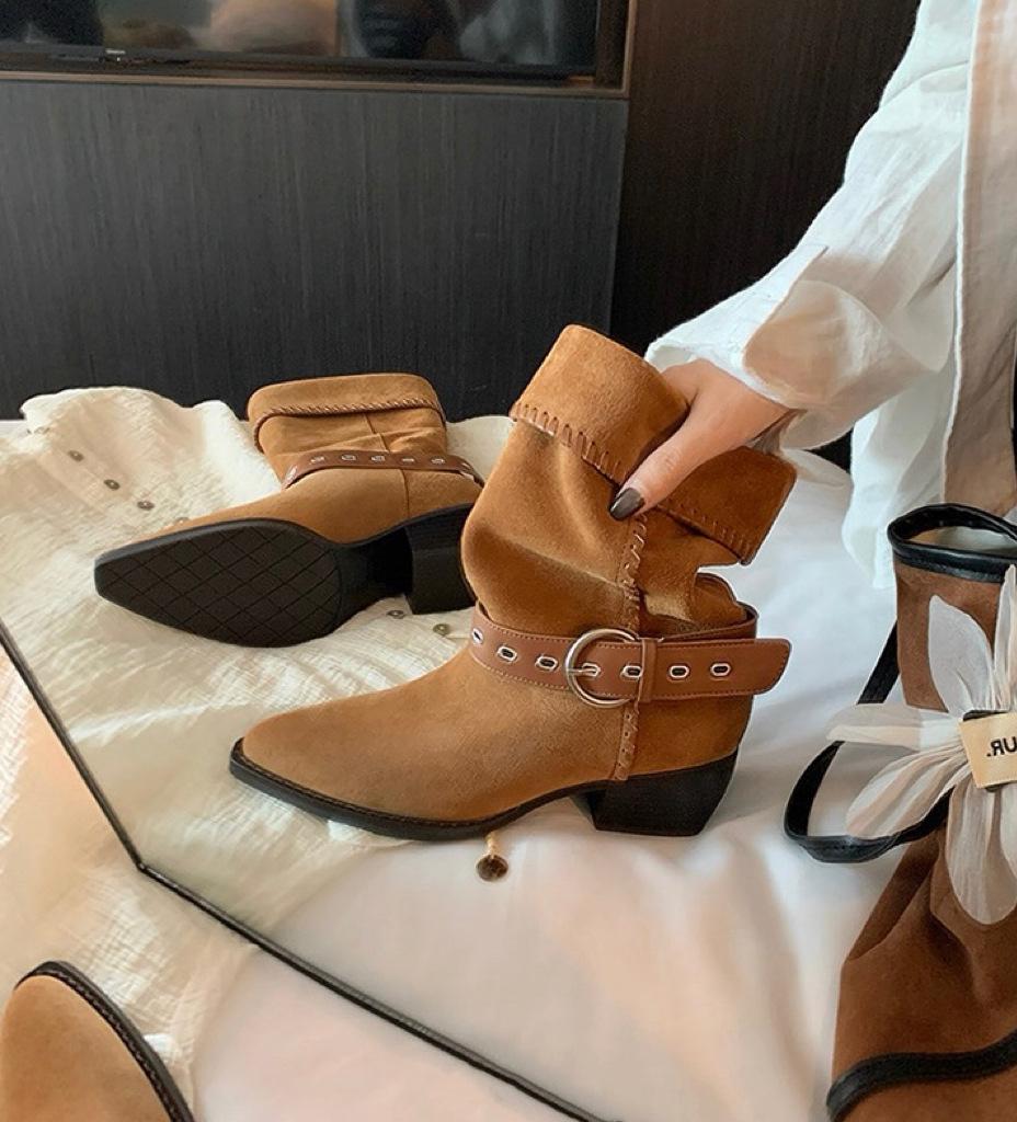 

Cowhide~ Su Yinyin s same Dunhuang stacking boots 5cm thick heel buckle strap western cowboy knight short boots women s desert boots 35