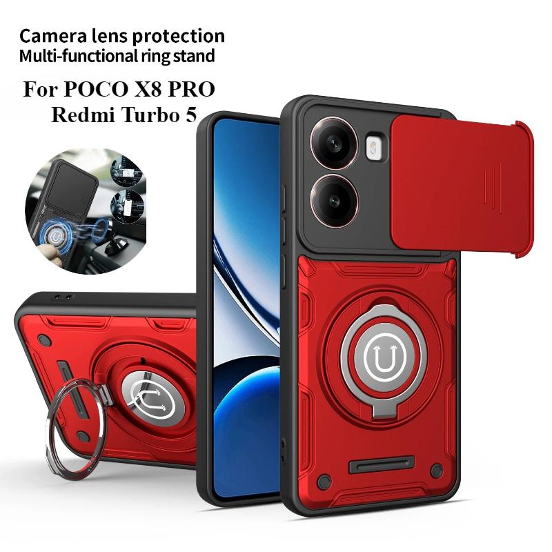 Slide lens protection Case For Poco X8 Pro Redmi Turbo 5 Rotate Magnetic Ring Holder Shockproof Hard Cover For POCO X8Pro Bumper