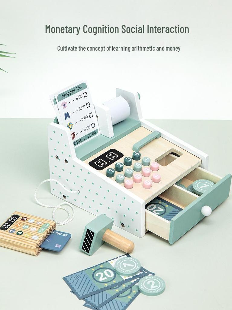 Wooden Supermarket Cash Register Toy with Barcode Scanner & Vending Machine for Kids' Pretend Play