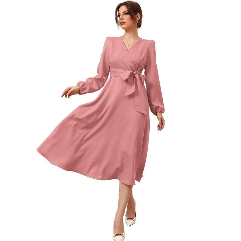 2022 Puff Sleeve Belt V-Neck Large Skirt Women's Dress
