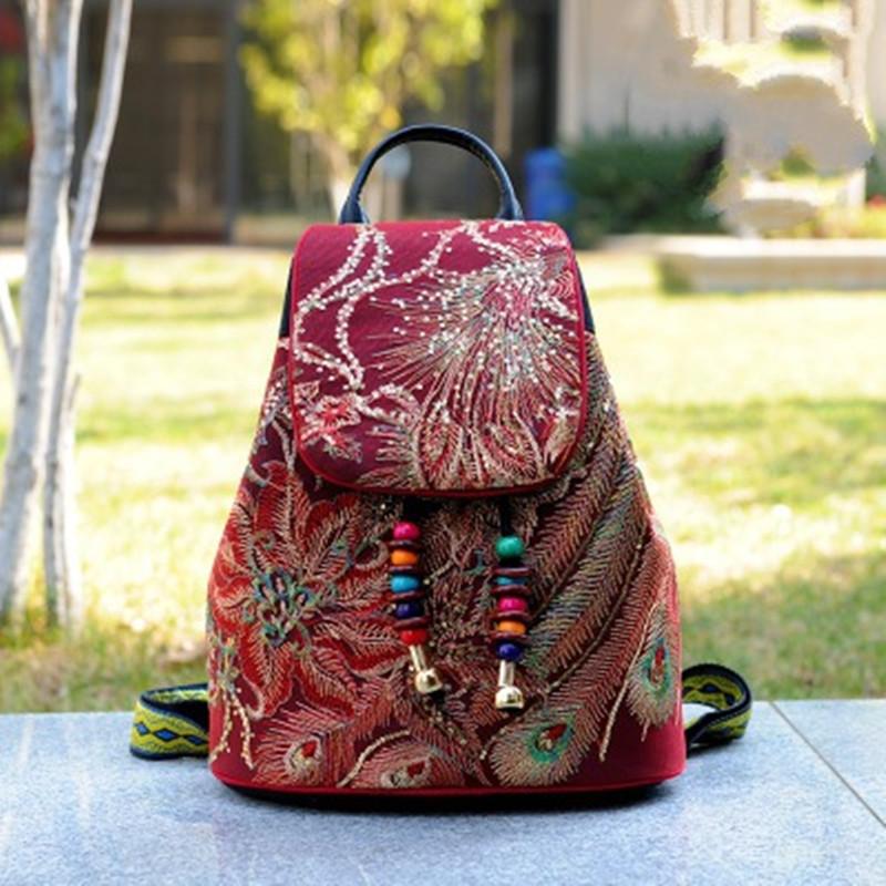 Peacock Sequins Embroidered Women's Canvas Backpacks Ladies Floral Rucksacks Woman Small School Back Bag Bagpack 2025 Gift New