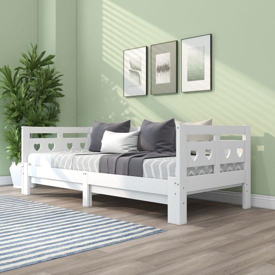 Daybed, Pull-Out Bed, 90 x 200cm, Solid Pine, with Second Sleeping Space And Roll-Up Slatted Frame, Heart-Shaped Bed,