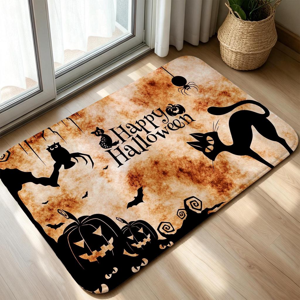 Orange Halloween Doormat Black Cat Pumpkin Welcome Rug Spider Web Area Rug Winter Floor Mat Kitchen Porch Entrance Cushion