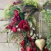 Valentine's Day Farmhouse Heart Wreath for Front Door Rustic Faux Greenery Wreath with Red Roses Berries Vintage Heart Bell for Window Porch Indoor
