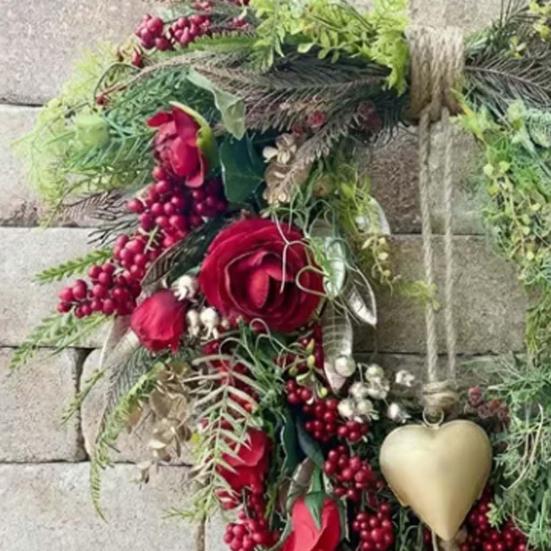 Valentine's Day Farmhouse Heart Wreath for Front Door Rustic Faux Greenery Wreath with Red Roses Berries Vintage Heart Bell for Window Porch Indoor