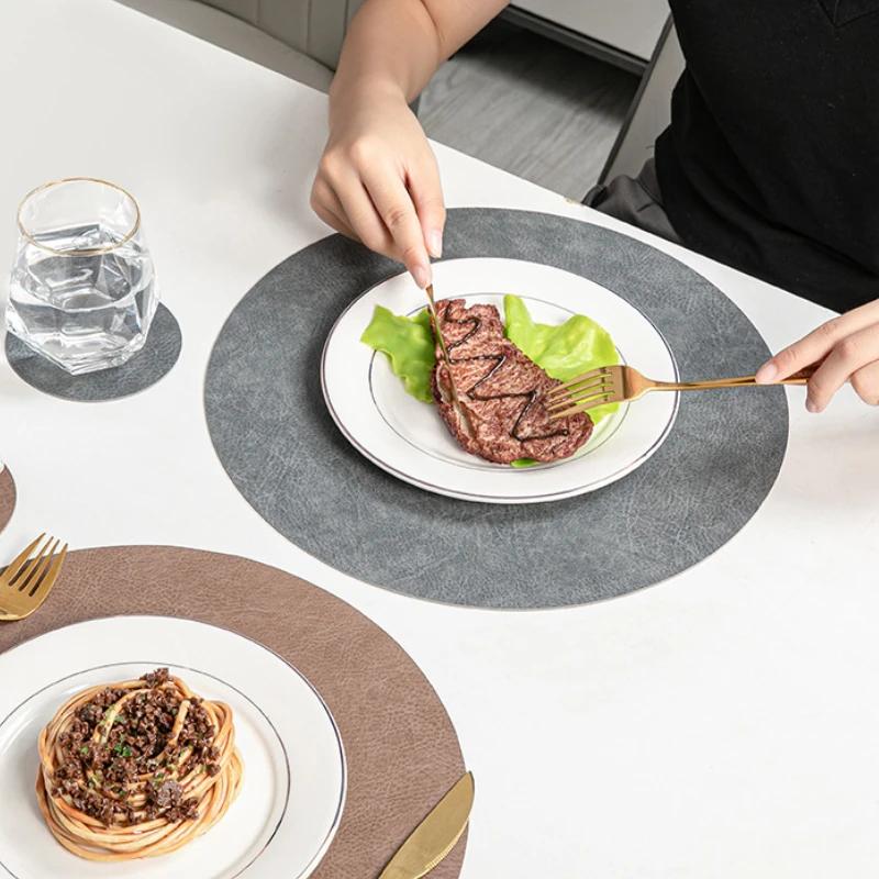 Vintage Style Double-Sided PVC Leather Placemat Round Faux Leather Heat-Resistant Waterproof Cup Plate Mat