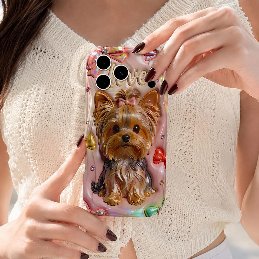 Rainbow Bow Yorkie Love Gem Wavy Edge Phone Case For iPhone 17 16 15 14 13 12 11 8 7 Plus Pro Max Soft TPU Bumper Cover