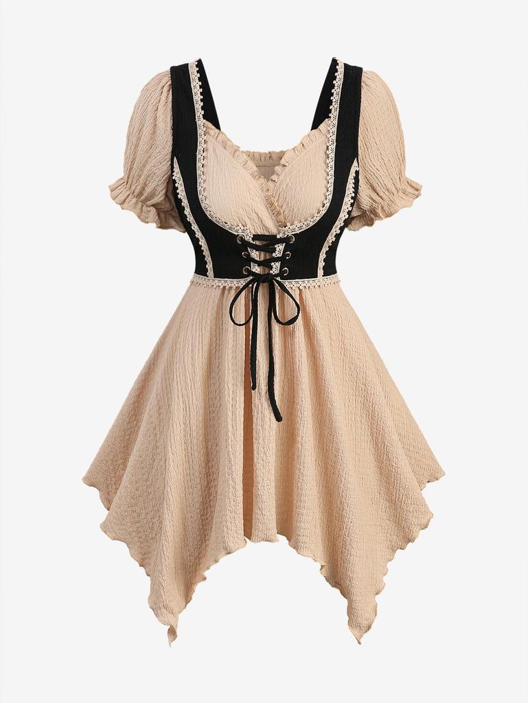 Rosegal Nadměrná velikost Odhalená ramena Bufované rukávy Texturované volánky Šněrování Květinová krajka Háčkovaný 2v1 Korzetový top