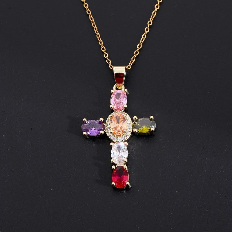 Stainless Steel Waterproof Gold Color Cubic Zirconia Cross Pendant Necklace for Women Fashion Vintage Jewelry Christmas Gift