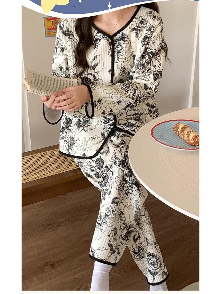 Layered Long Sleeve Cotton Quilted Pajamas Set for Women - Autumn/Winter Casual Cardigan Homewear