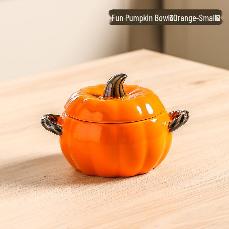 Große Keramik-Kürbissuppenschüssel mit Deckel und doppelten Henkeln - Kreatives Verbrühschutz-Design zum Servieren von Suppe, Instantnudeln und Reispasta mit Fluss-Schnecken.