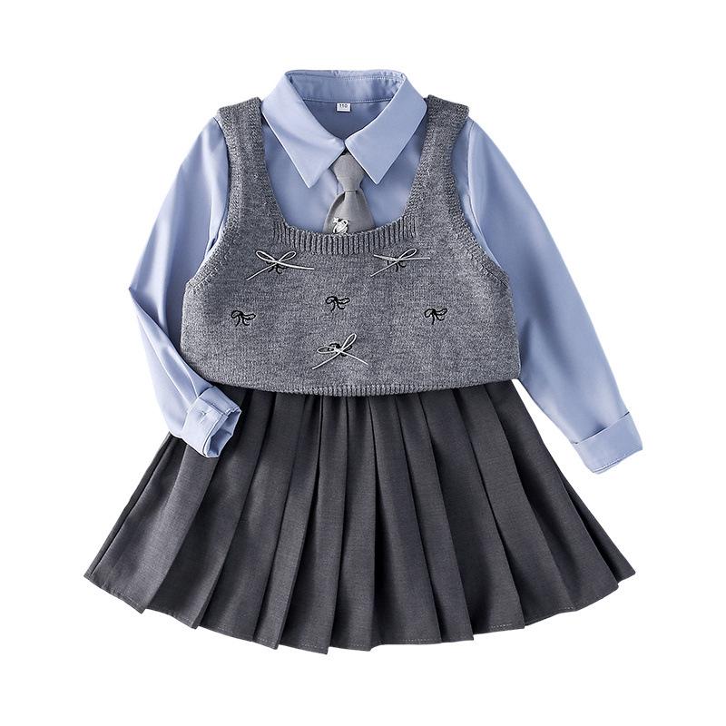 Girls' Autumn 2025 Academy Style: Bowknot Vest, Knit Vest & Pleated Skirt Set