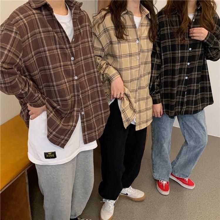 Women Shirt Plaid Oversized Brown Top Turn-down Collar Leisure Fashion Loose All-match Long Sleeves Soft Chic Korean Top