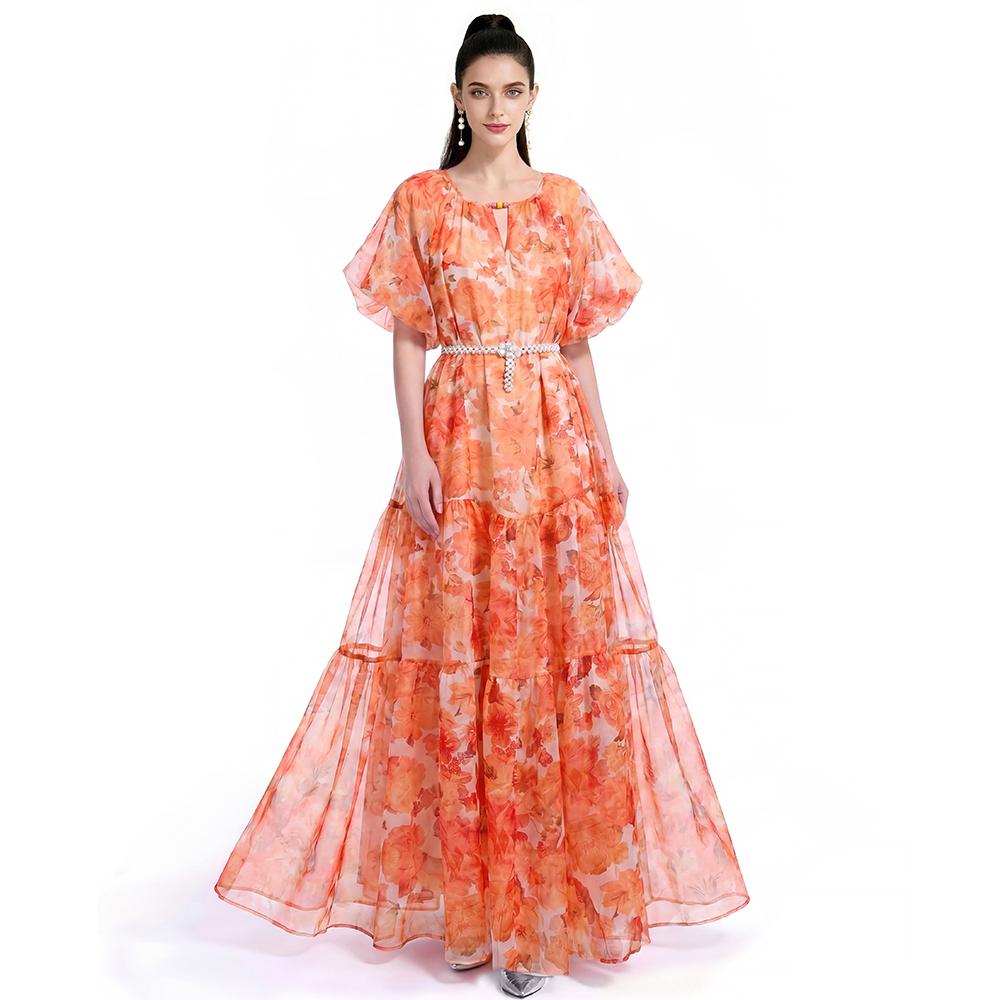 Summer Holiday Vacation Flower Print Long Maxi Dress Bohemian O-neck Short Sleeve High Waisted Chiffon Party Dresses Casual Robe