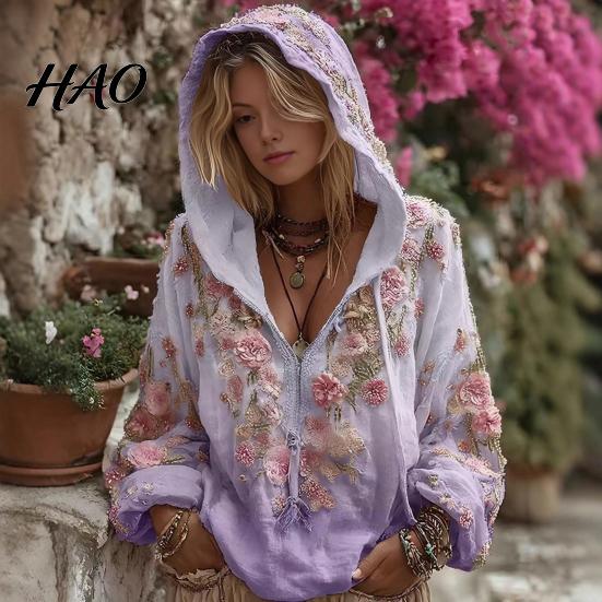 Windproof Neck Protection Top Women Tops 3D Flower Decor Hooded Zipper Sweatshirt Long Autumn Winter Warm Sleeve Loose Fit Casual Sporty Outerwear